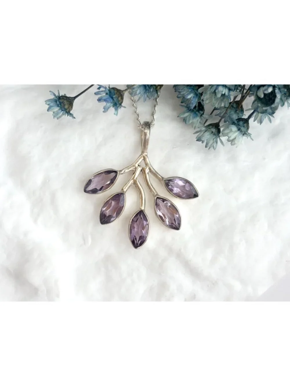 Amethyst Branched Leaves Sterling Silver 925 Vintage Pendant Necklace - 18